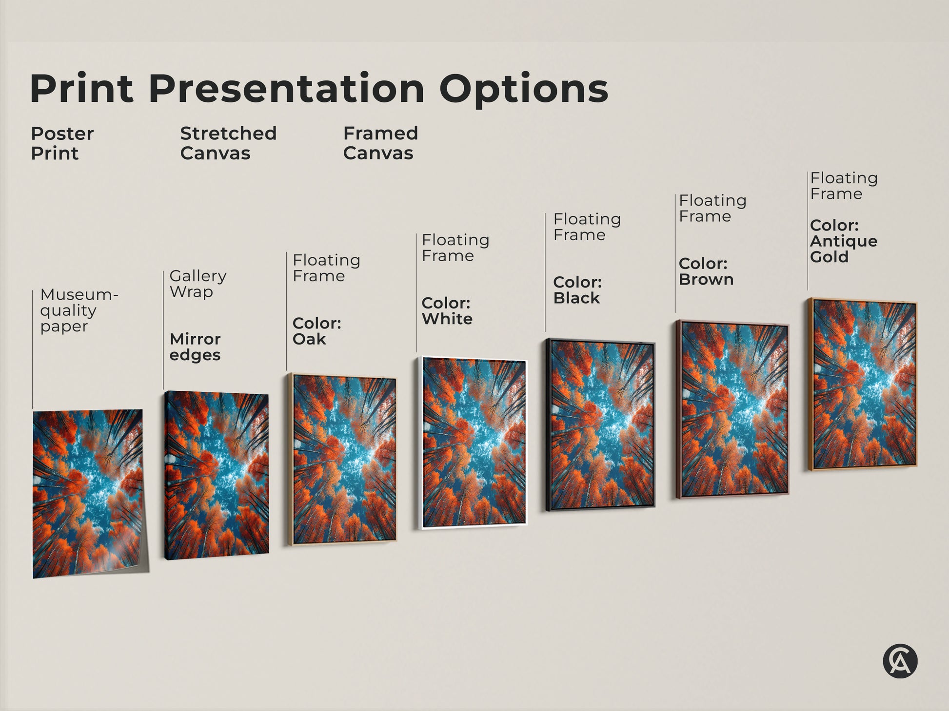 Explore print presentation options for our forest art featuring orange trees and a blue sky. Choose from poster prints stretched canvas and framed canvas. Find the perfect style to match your decor. Shop our museum-quality nature artwork today.