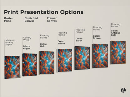 Explore print presentation options for our forest art featuring orange trees and a blue sky. Choose from poster prints stretched canvas and framed canvas. Find the perfect style to match your decor. Shop our museum-quality nature artwork today.