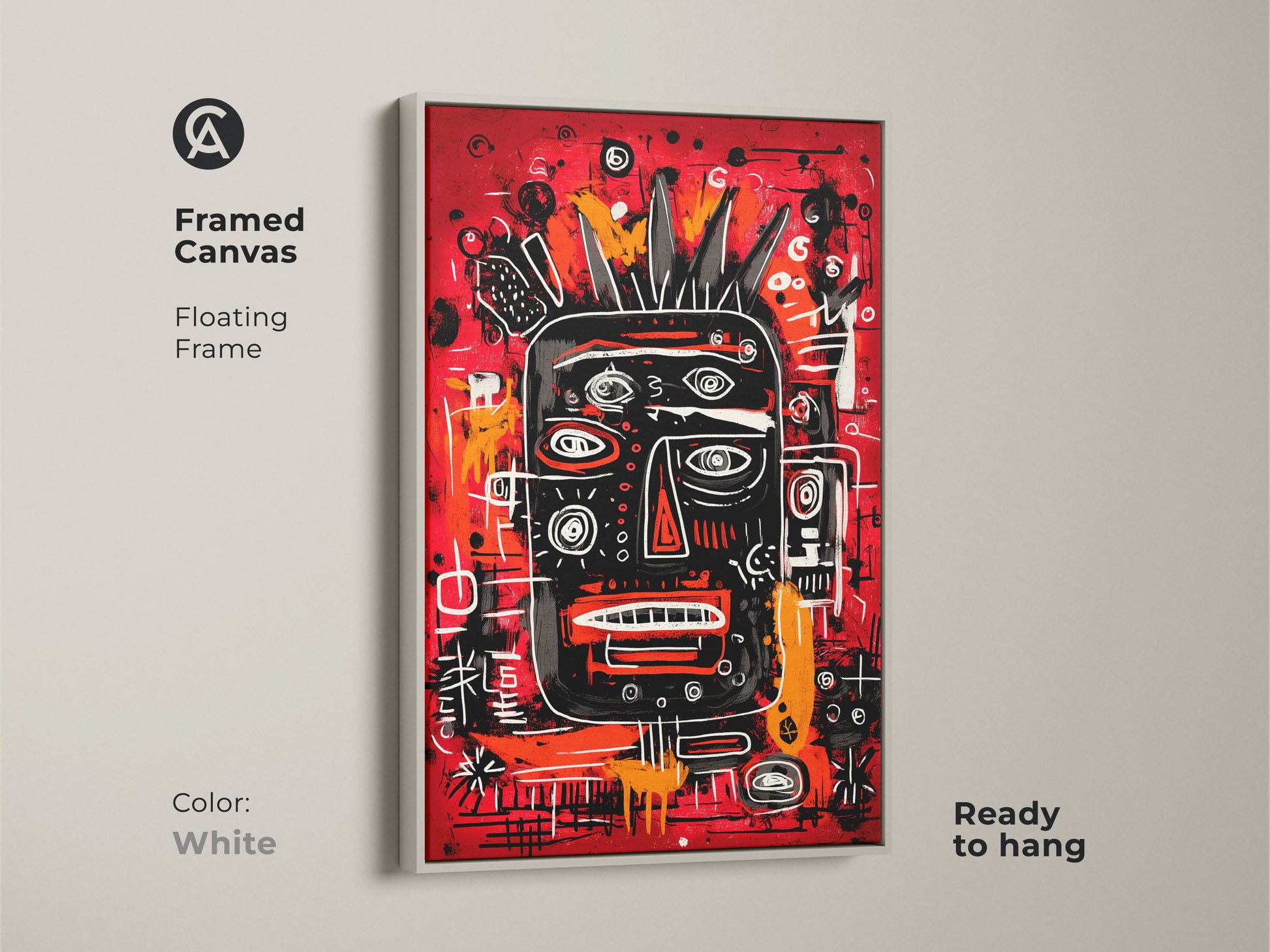 Framed canvas art with a floating frame in white. The design features a black face with a crown on a vivid red background. This ready to hang piece adds a sophisticated and modern touch to any room. Perfect for art enthusiasts.