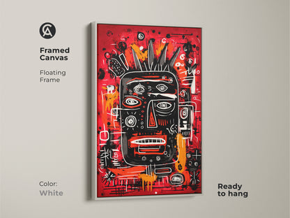 Framed canvas art with a floating frame in white. The design features a black face with a crown on a vivid red background. This ready to hang piece adds a sophisticated and modern touch to any room. Perfect for art enthusiasts.