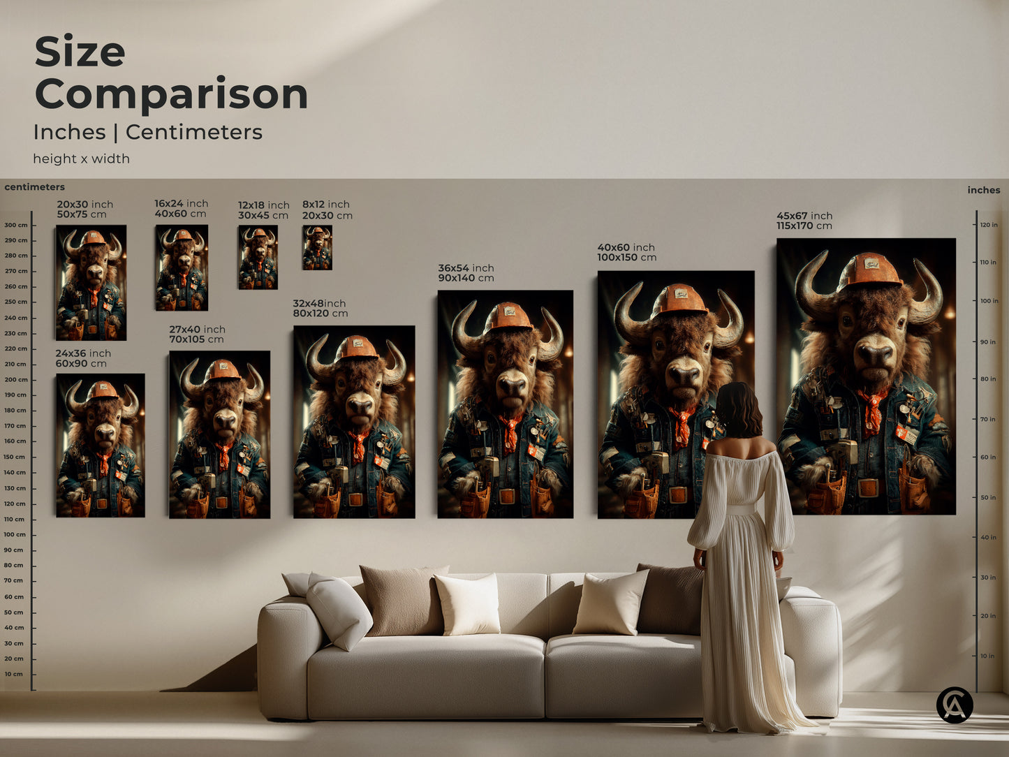 Size comparison chart for steampunk buffalo canvas art. This shows inches and centimeters for easy selection. Find the perfect size to complement your space. This industrial animal canvas is ideal for office decor and it makes a unique Father's Day gift for the tool enthusiast.