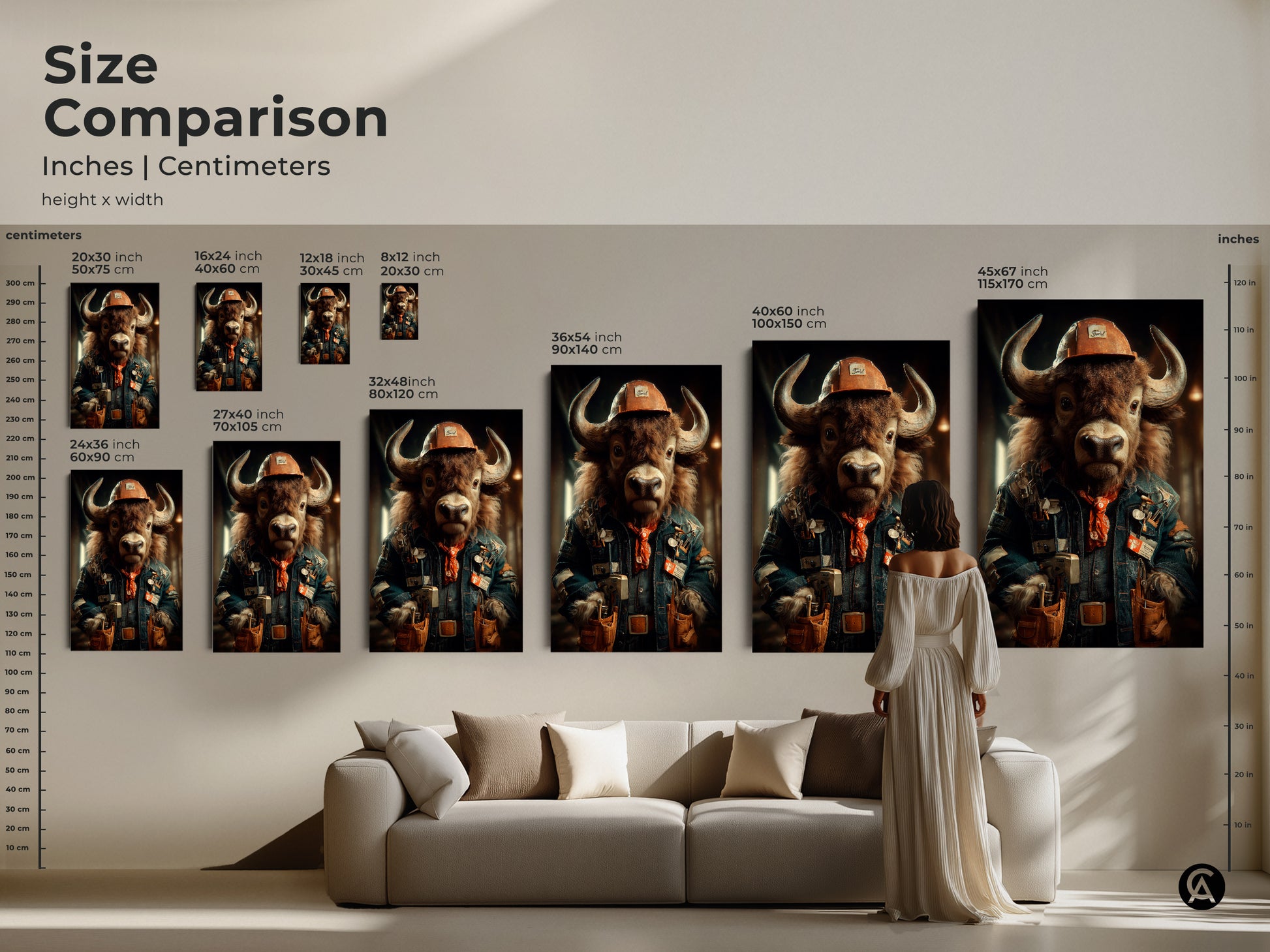 Size comparison chart for steampunk buffalo canvas art. This shows inches and centimeters for easy selection. Find the perfect size to complement your space. This industrial animal canvas is ideal for office decor and it makes a unique Father's Day gift for the tool enthusiast.