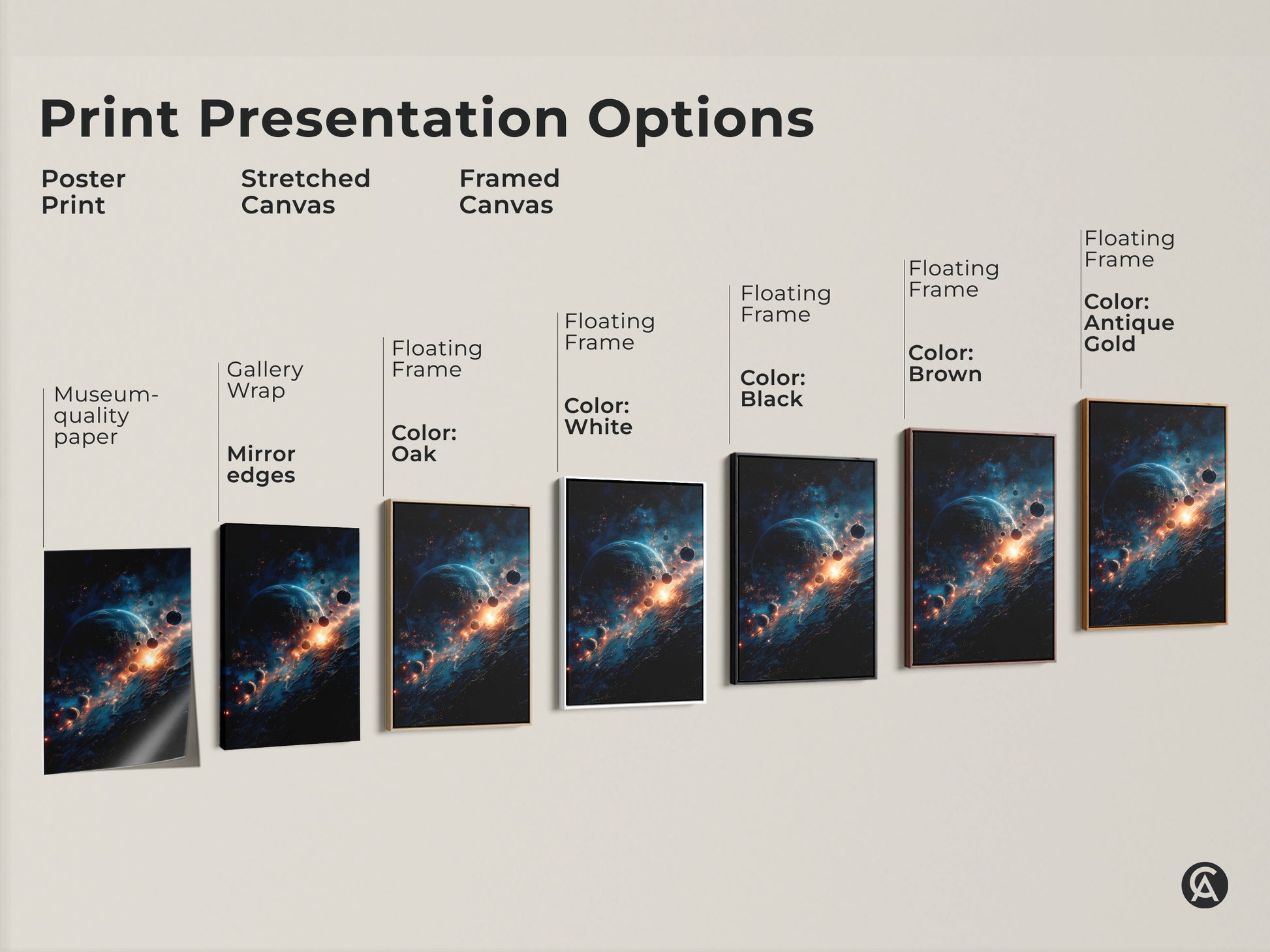 Print presentation options for cosmic artwork. Choose from poster prints stretched canvas and framed canvas. Options include gallery wrap mirror edges and floating frames. Various frame colors are available including black brown antique gold oak and white.