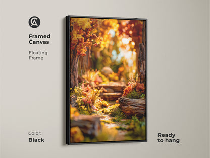 Framed canvas art print with floating frame in black. Features a scenic forest path. The ready-to-hang artwork adds sophistication to your walls. This framed print enhances any room's aesthetic with natural beauty.