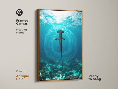 Framed canvas of hammerhead shark with a floating frame in antique gold. This ocean underwater canvas print adds elegance. It features deep blue aqua colors. Enhances coastal home decor art and marine wildlife artwork.