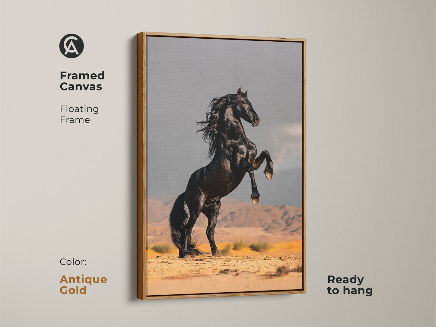 Framed canvas of a rearing black horse in a desert landscape. Floating frame in antique gold enhances its modern look. This contemporary equestrian artwork adds a touch of power. A standout piece for home decor or a thoughtful gift for animal art lovers.