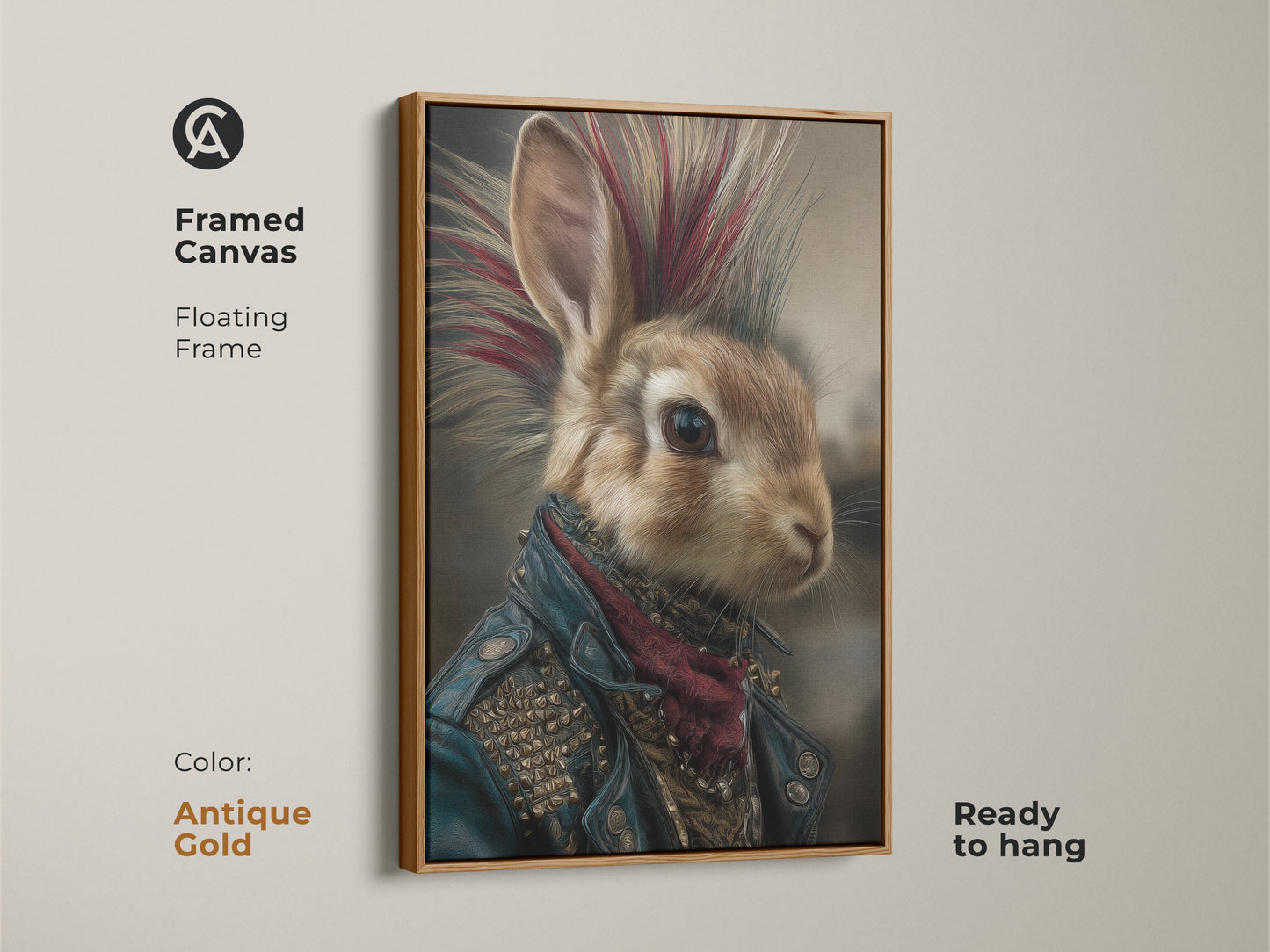 Framed canvas featuring a punk rock bunny with a mohawk and leather jacket. The floating frame enhances this gothic animal artwork. The white frame is ready to hang for your man cave or study decor for an edgy style.