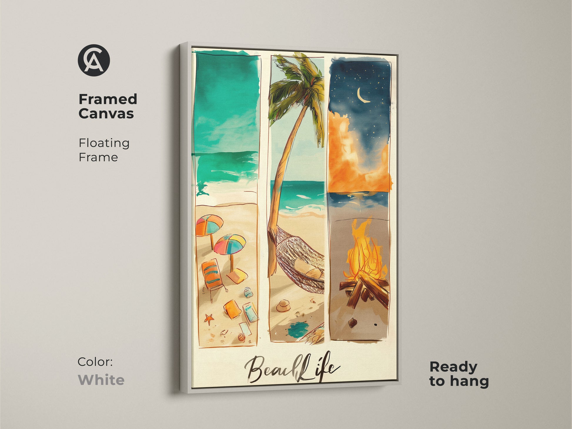 Framed canvas beach life artwork. The white floating frame offers a clean look. This beach art is ready to hang. It showcases day and night beach scenes. Consider this artwork today