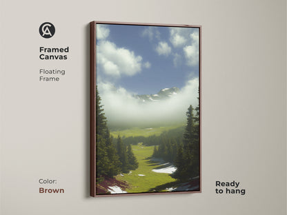 Framed canvas in brown color showcasing a green nature landscape artwork. The floating frame presents a rolling hills landscape that is ready to hang. An ideal hiker gift wall decor.