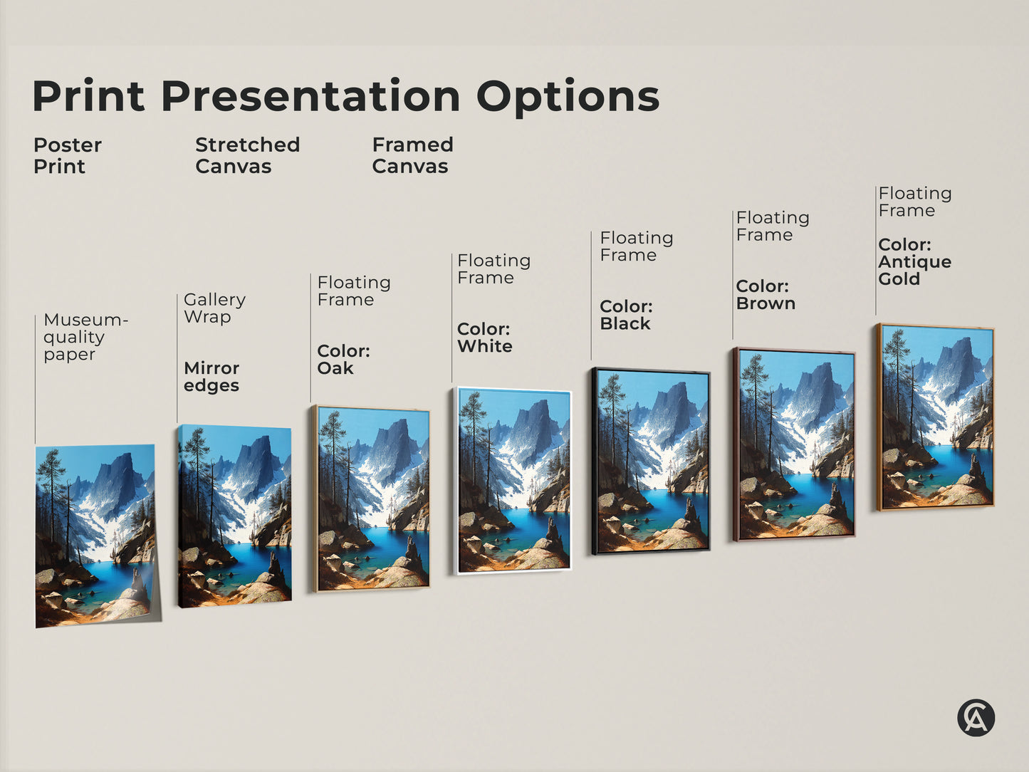 Explore print presentation options for a rustic mountain lake artwork. Choose from poster stretched or framed canvas. Pick a black brown oak or white floating frame to match your decor. This deep blue pine forest landscape art brings nature's beauty into your home.