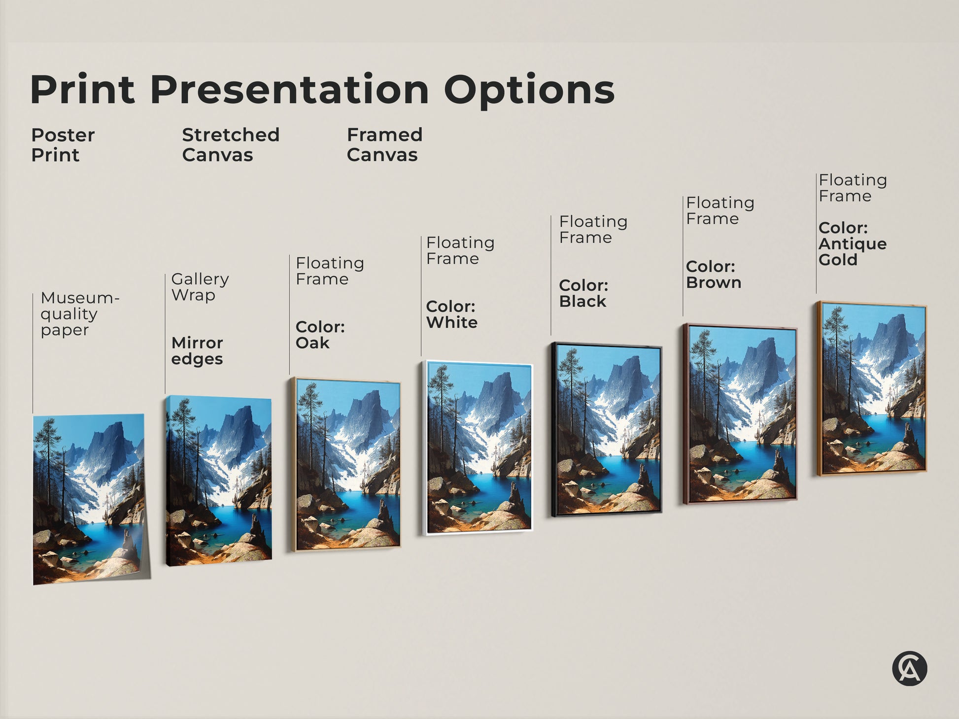Explore print presentation options for a rustic mountain lake artwork. Choose from poster stretched or framed canvas. Pick a black brown oak or white floating frame to match your decor. This deep blue pine forest landscape art brings nature's beauty into your home.
