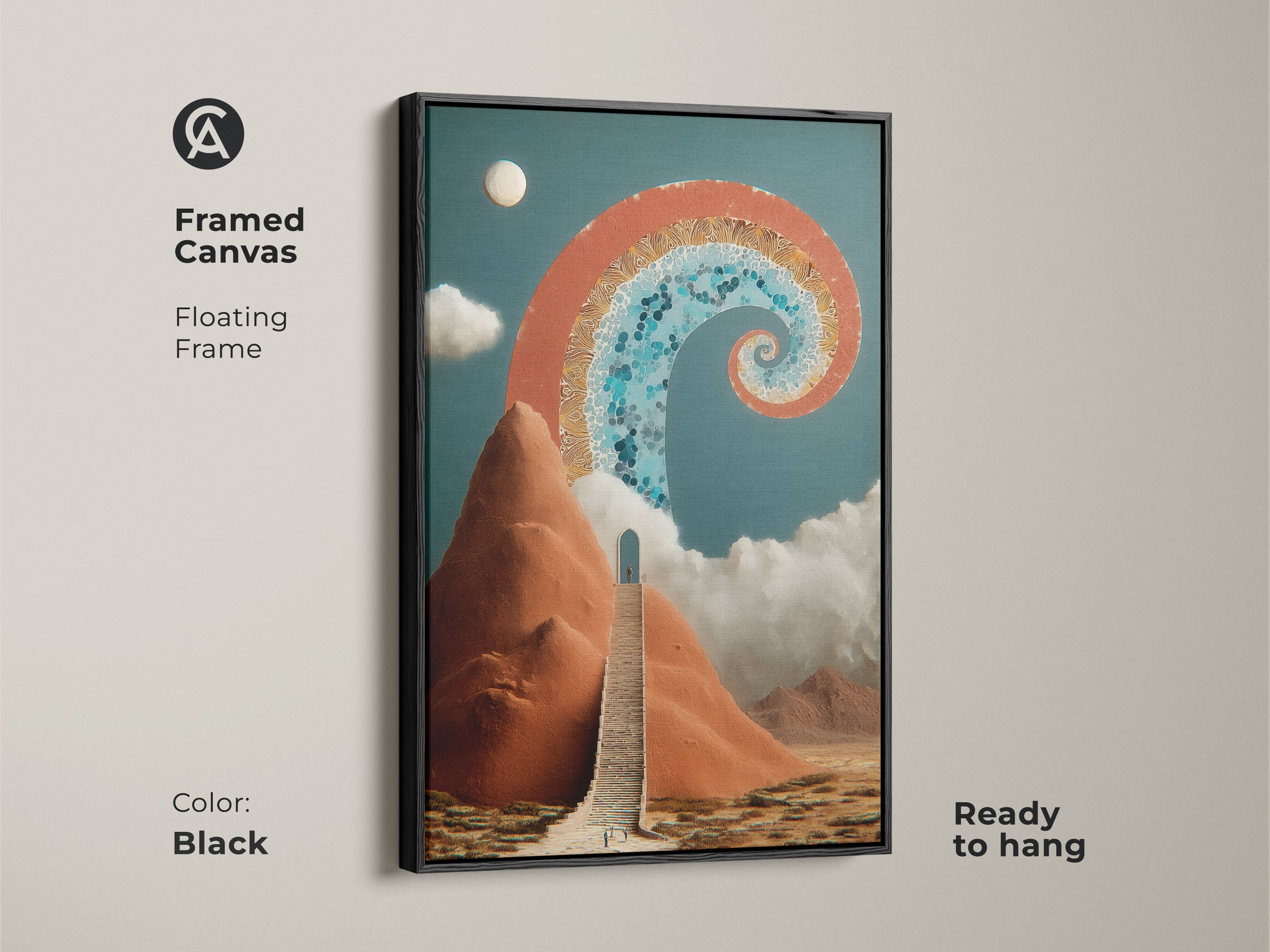 Framed Canvas print in Black featuring a surreal stairway to an archway. The abstract spiral art in terracotta and deep blue. Ready to hang this adds a spiritual touch to any space. The perfect Eclectic art for your office landscape canvas.