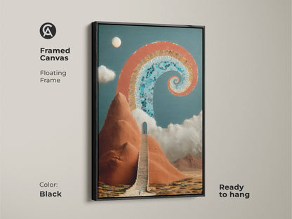 Framed Canvas print in Black featuring a surreal stairway to an archway. The abstract spiral art in terracotta and deep blue. Ready to hang this adds a spiritual touch to any space. The perfect Eclectic art for your office landscape canvas.