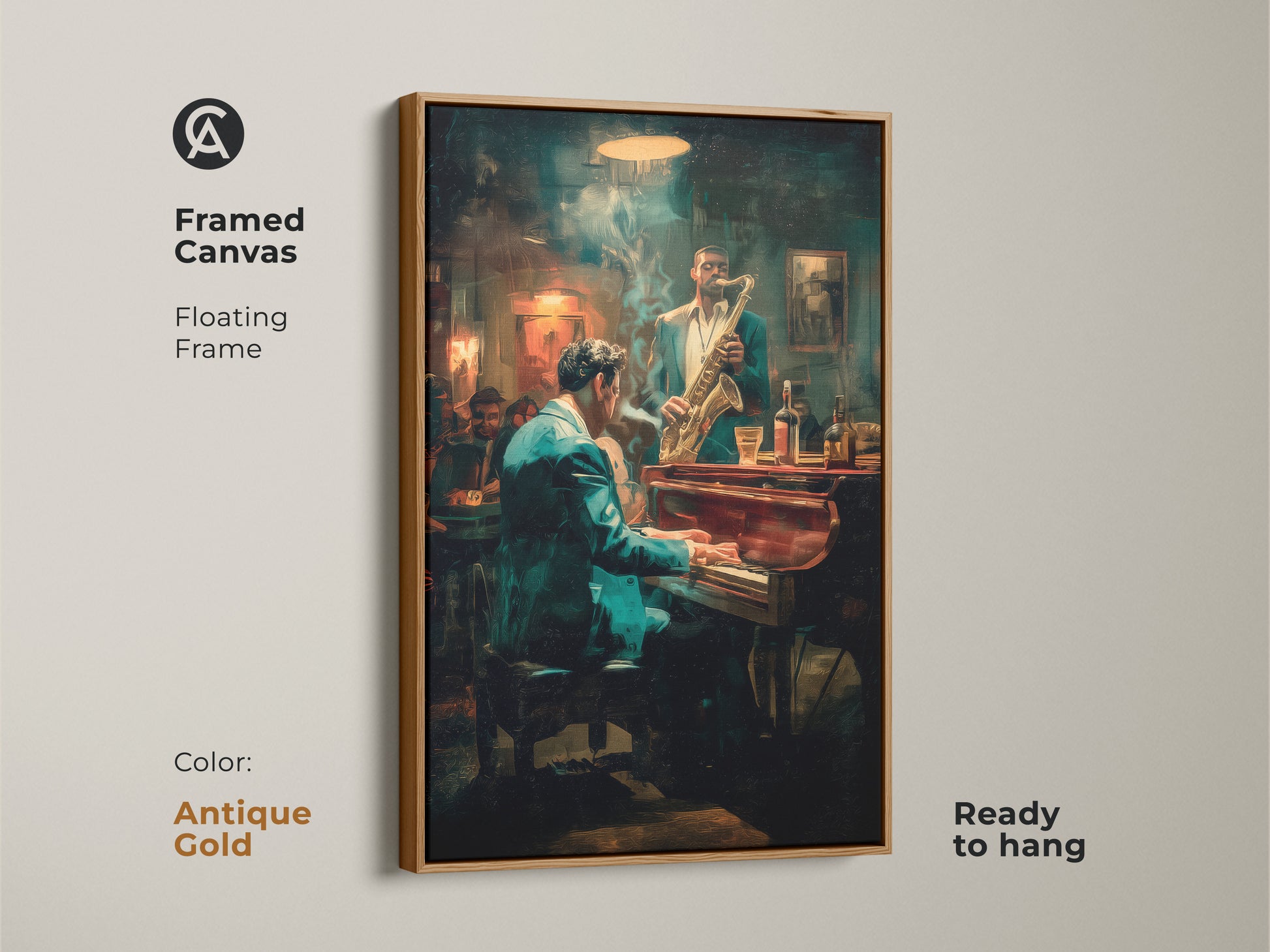 Add vintage charm with this framed canvas art. The antique gold floating frame enhances the jazz club scene. The artwork features a pianist & saxophonist. Ready to hang this piece adds a touch of old-world elegance to your decor.