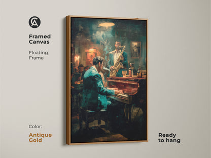 Add vintage charm with this framed canvas art. The antique gold floating frame enhances the jazz club scene. The artwork features a pianist & saxophonist. Ready to hang this piece adds a touch of old-world elegance to your decor.