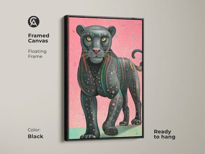 The framed canvas shows pink teal geometric panther art with a floating frame. This contemporary wildlife artwork features abstract animal art. It's perfect for eclectic homes. The black panther artwork adds modern sophistication. It is ready to hang and offers a bold feline touch. The black frame enhances this artistic animal painting.