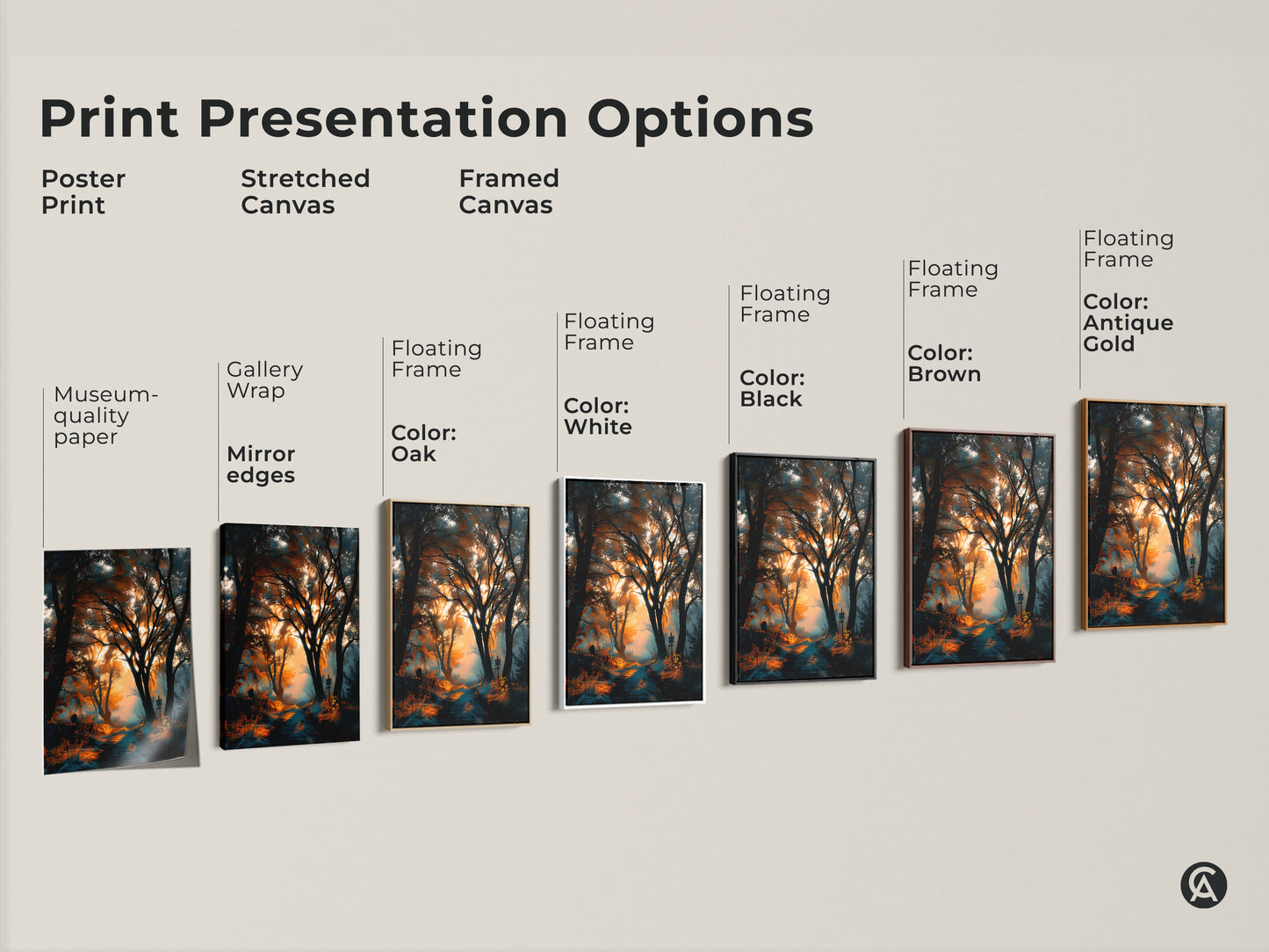 Explore print presentation options for forest path artwork. Choose from poster prints stretched canvas or framed canvas. Find the perfect style for your home decor. Shop now!