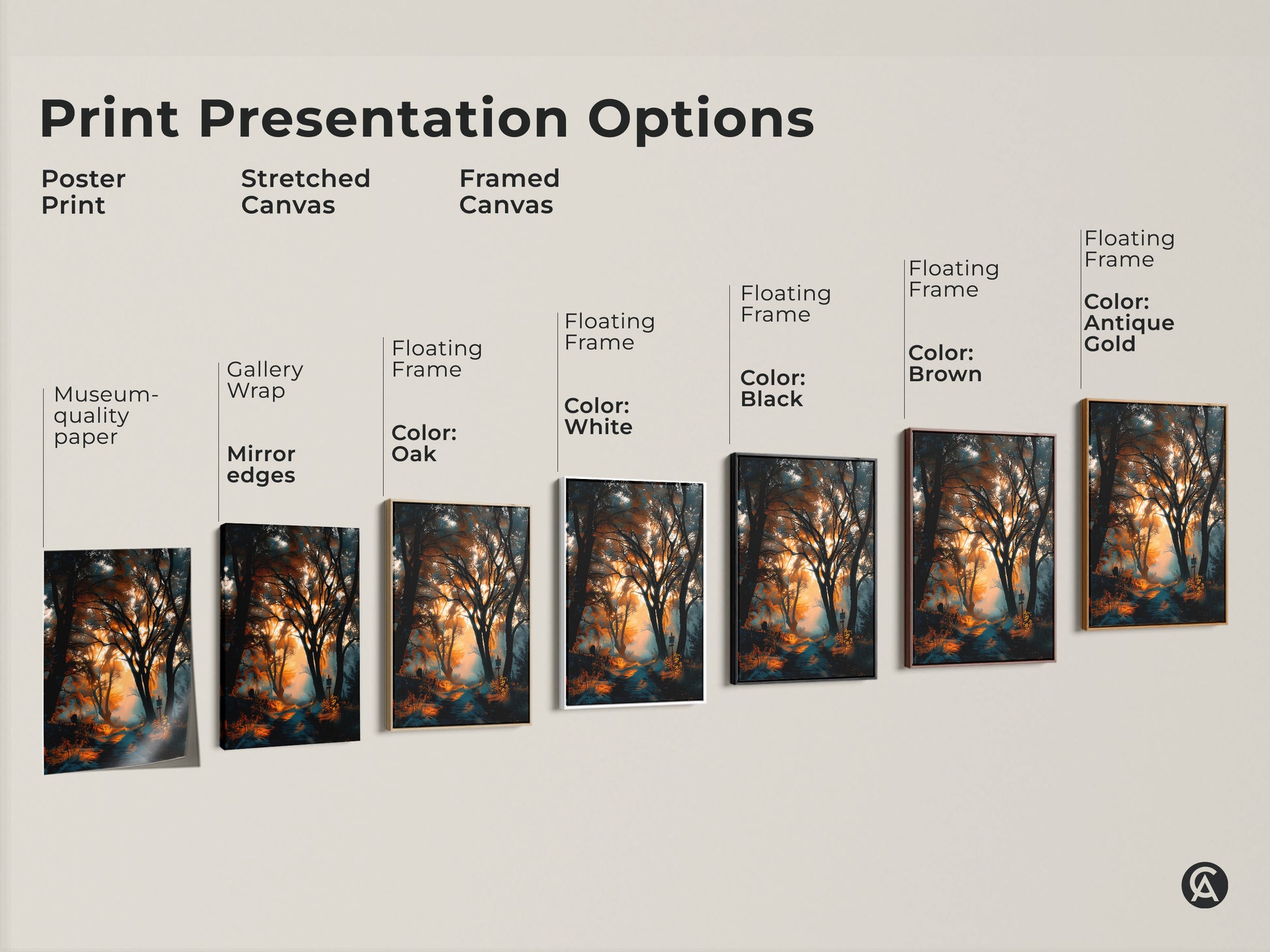 Explore print presentation options for forest path artwork. Choose from poster prints stretched canvas or framed canvas. Find the perfect style for your home decor. Shop now!