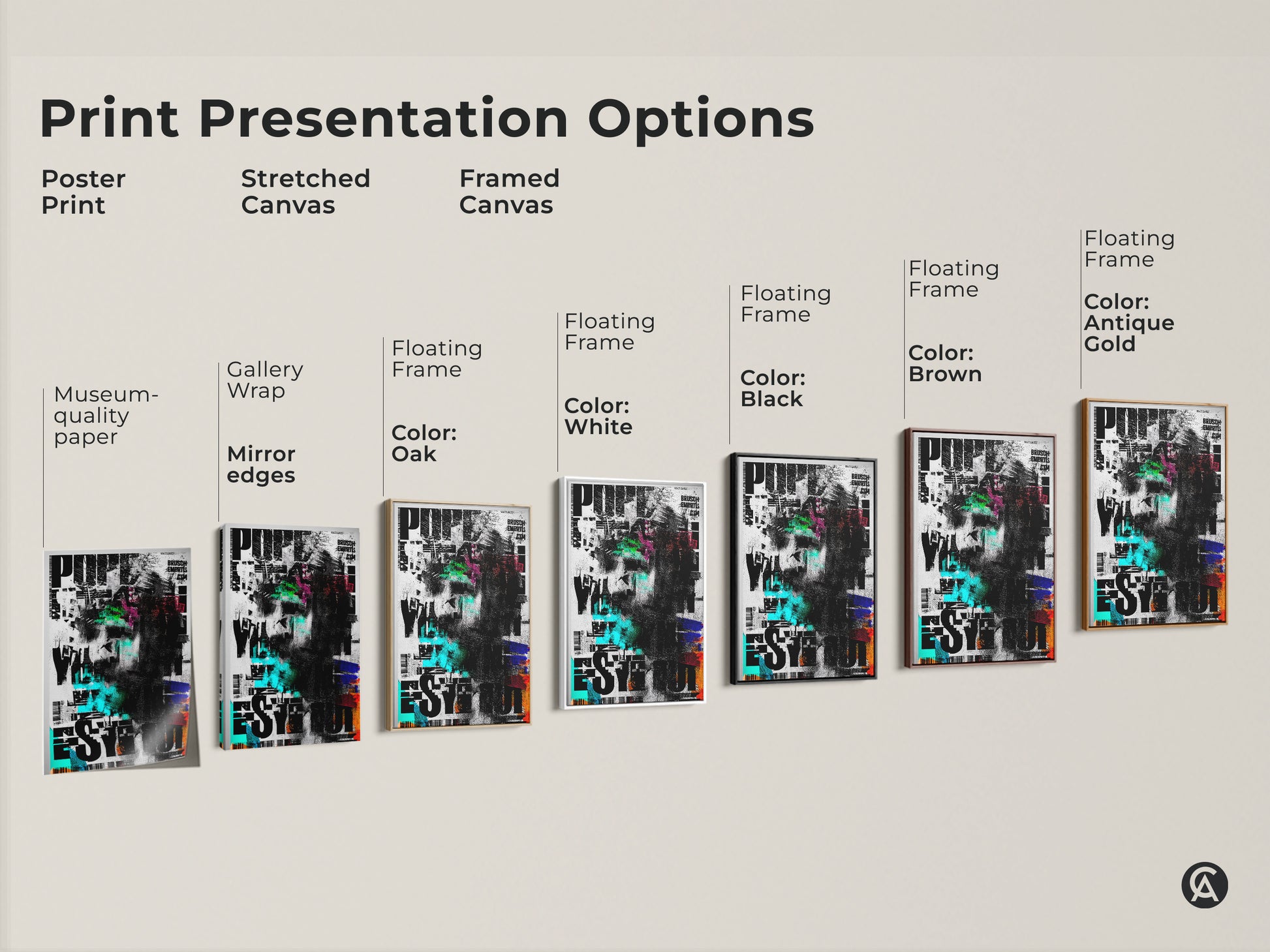 Print presentation options for abstract face artwork. Poster prints stretched canvases and framed canvases are shown. Each piece features a glitch art collage in black white and green. Find the perfect modern art for your workspace. Various frame colors available.