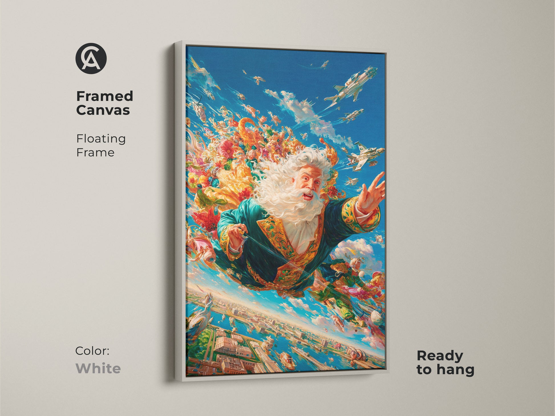 Framed canvas artwork depicting Santa Claus skydiving. The artwork shows Santa soaring above a cityscape with airplanes. Colorful flowers surround him. The floating frame is white and the canvas is ready to hang.