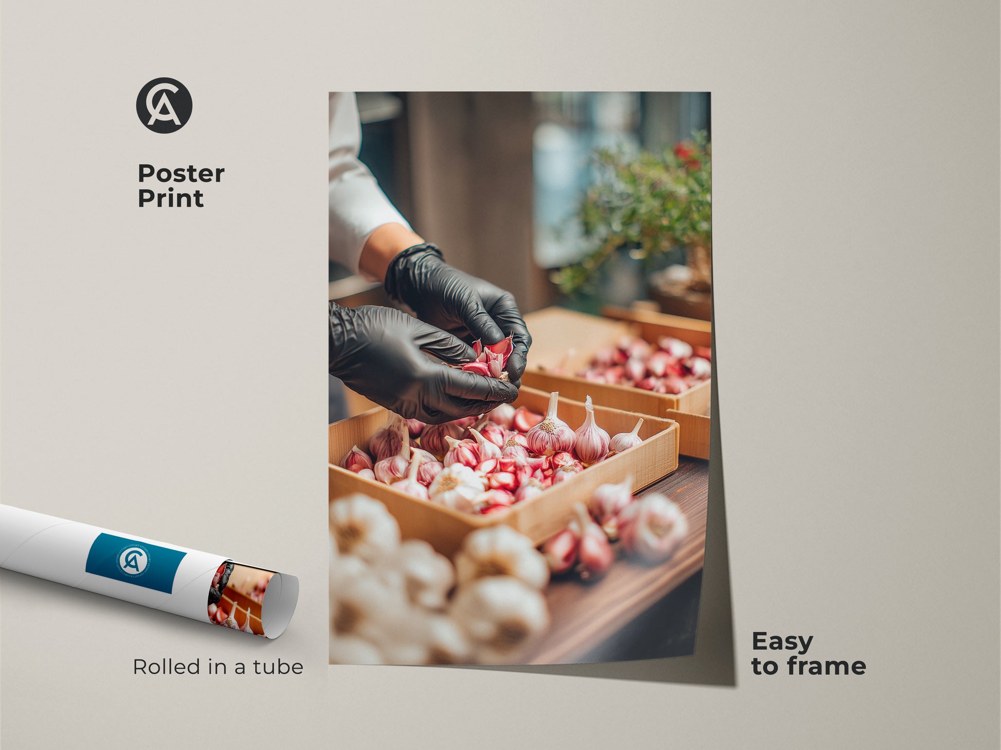 Poster print featuring a chef preparing garlic. This art is rolled in a tube. It is easy to frame. The poster is museum-quality paper. This artwork is perfect for adding a culinary touch to any space.
