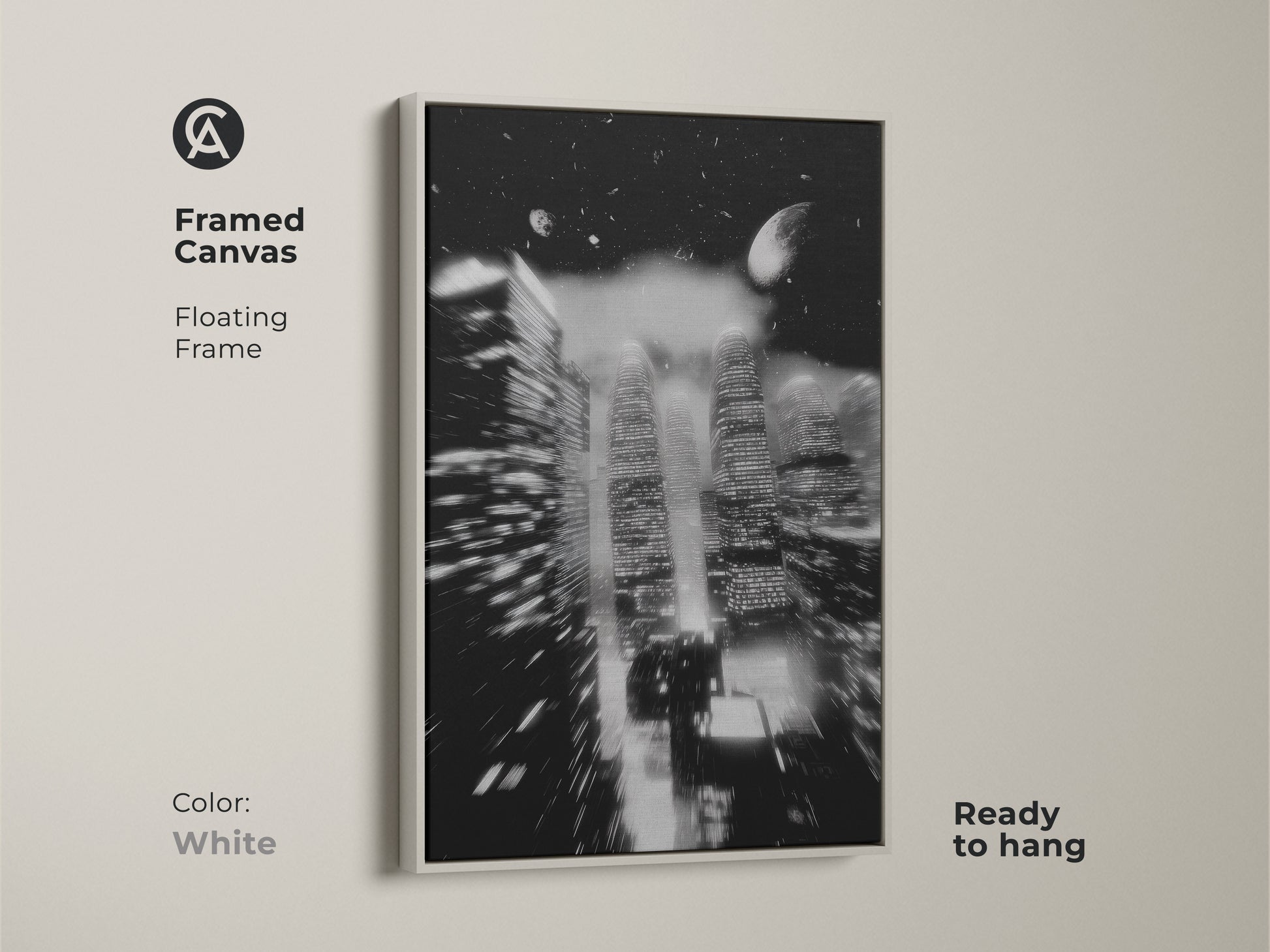 Framed canvas with a white floating frame displays an abstract city night scene. This monochrome cityscape canvas print offers modern sophistication. Ready to hang this skyscraper artwork is perfect. This artwork elevates any living space.