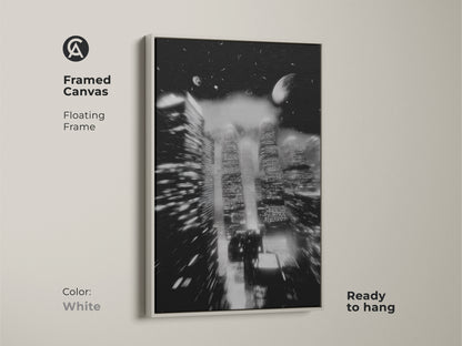 Framed canvas with a white floating frame displays an abstract city night scene. This monochrome cityscape canvas print offers modern sophistication. Ready to hang this skyscraper artwork is perfect. This artwork elevates any living space.