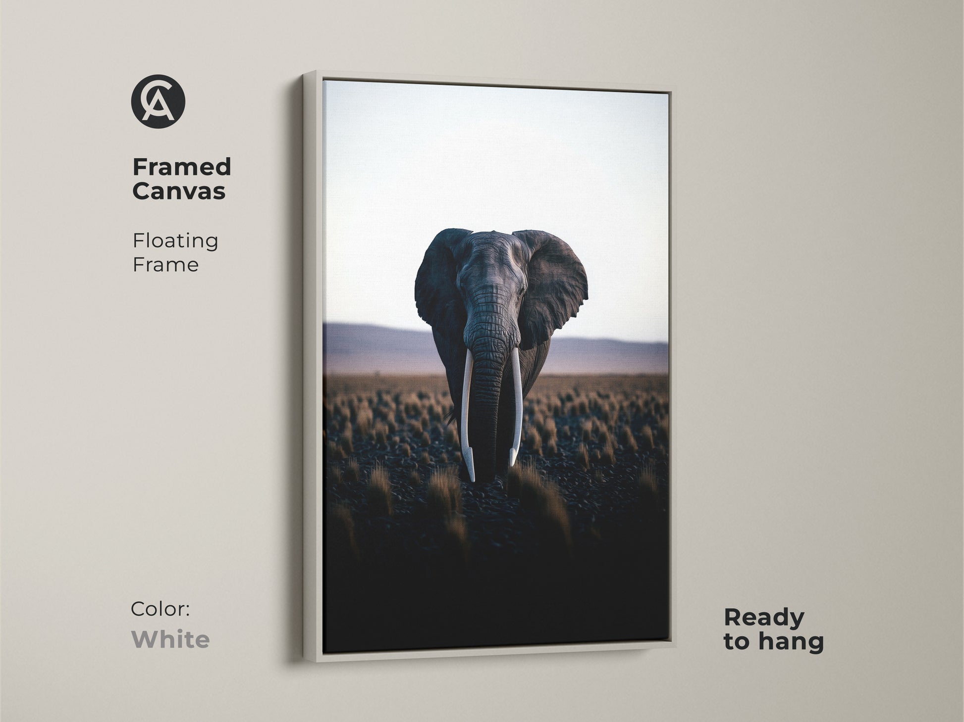 Framed canvas print of an elephant with a white floating frame. Minimalist wildlife art bringing the beauty of the savanna to your home. This framed elephant print is ready to hang.