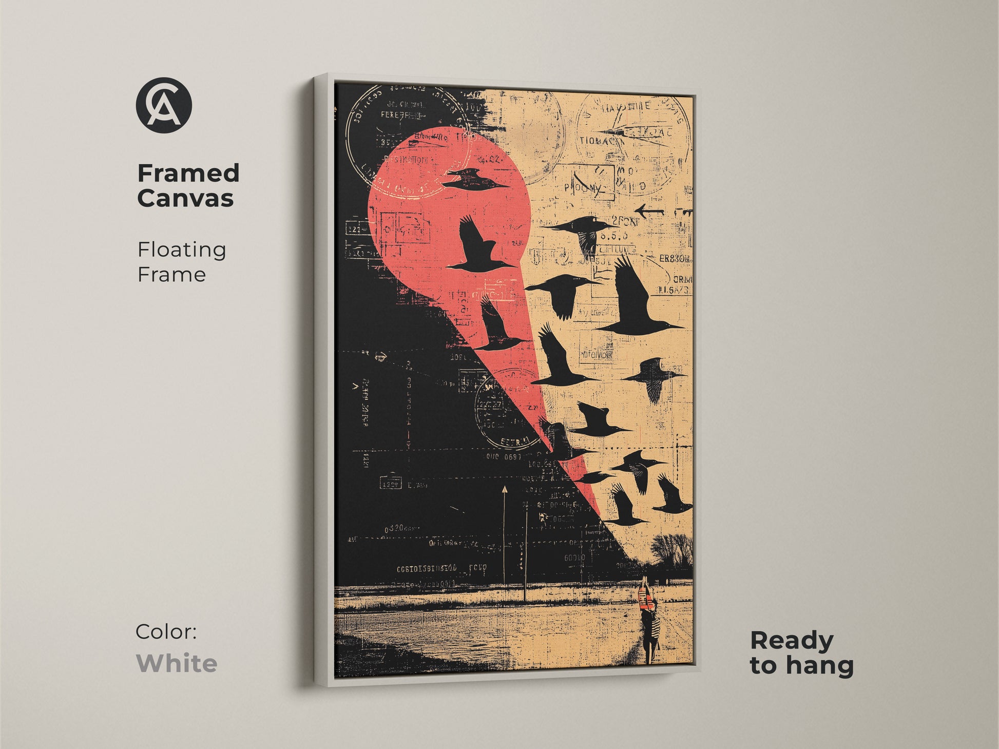 Framed Canvas Floating Frame in White featuring a Grunge Eclectic Wall Art. A collage of a flock of birds in flight. Against a rural landscape backdrop with a striking Red Beige and Black color palette. Ready to hang.