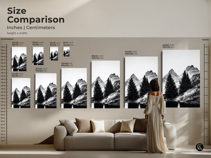 Size comparison of minimalist mountain artwork in inches and centimeters. Ranging from small 16x24 to large 45x67 inches. This black and white nature art featuring pine trees will bring a peaceful landscape to any space making it perfect for wanderlust wall decor.