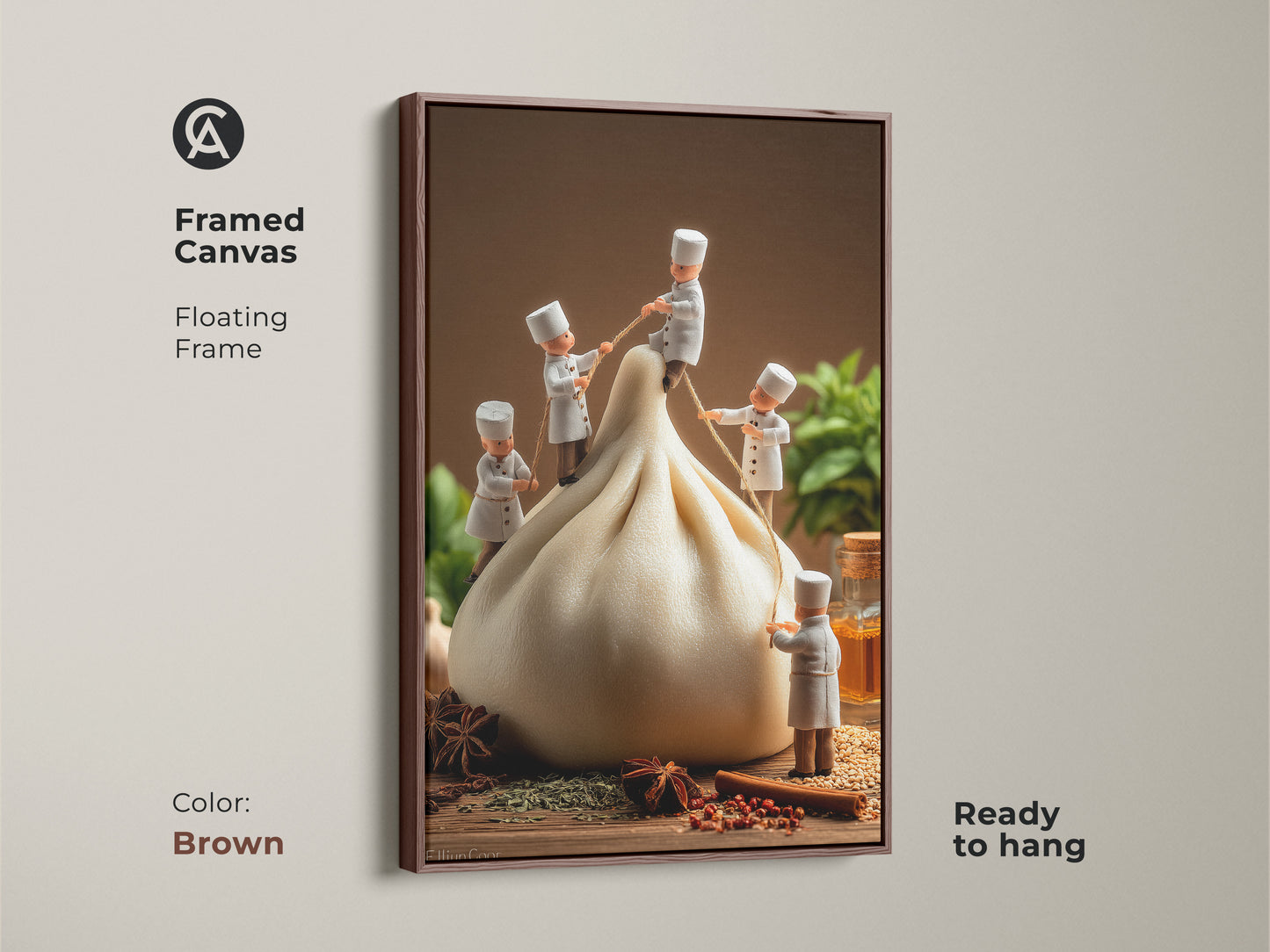 Brown framed canvas art print showcasing chefs and a dumpling. This floating frame adds warmth to this playful food artwork. The print is ready to hang enhancing your kitchen's aesthetic. The brown frame complements the artwork's rich tones. Ideal wall art for culinary-themed decor.