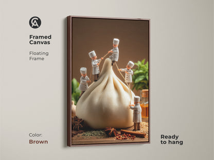 Brown framed canvas art print showcasing chefs and a dumpling. This floating frame adds warmth to this playful food artwork. The print is ready to hang enhancing your kitchen's aesthetic. The brown frame complements the artwork's rich tones. Ideal wall art for culinary-themed decor.
