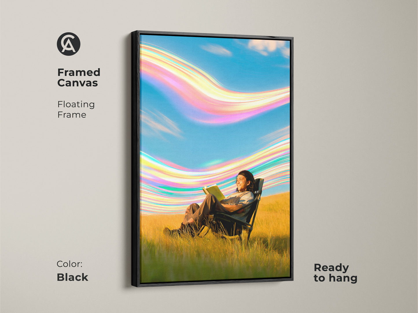 Framed canvas art showcasing a surreal person reading in nature. This conceptual artwork features a floating frame. The blue green and yellow colors create a calming scene. This piece is perfect for adding a unique touch to a bedroom or home office. It is ready to hang.
