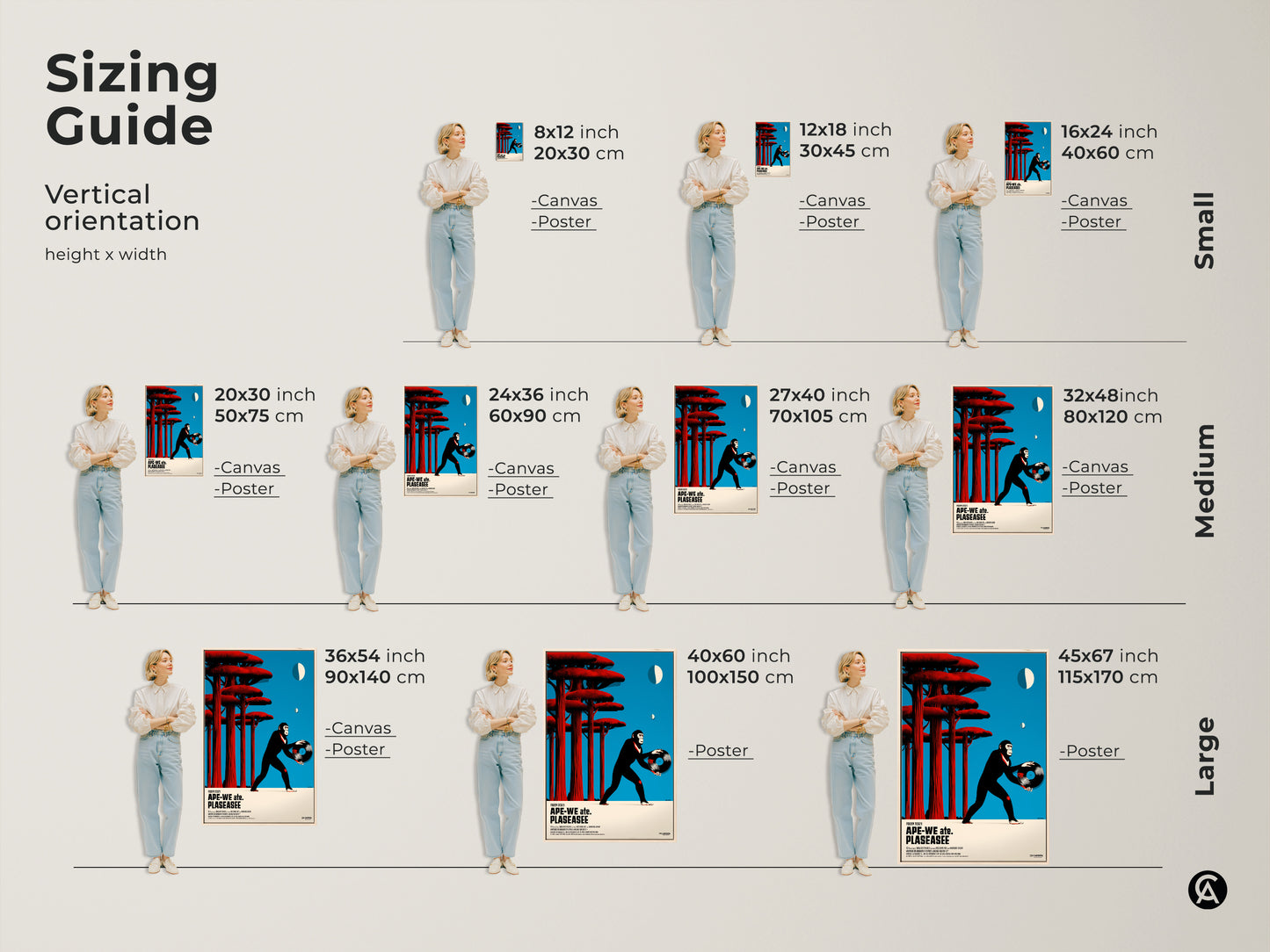 Sizing guide for vertical retro chimpanzee vinyl record canvas art. Available in small medium and large sizes. Perfect eclectic ape wall decor for a studio and office. Blue red and black poster options for any space. Find the perfect fit.