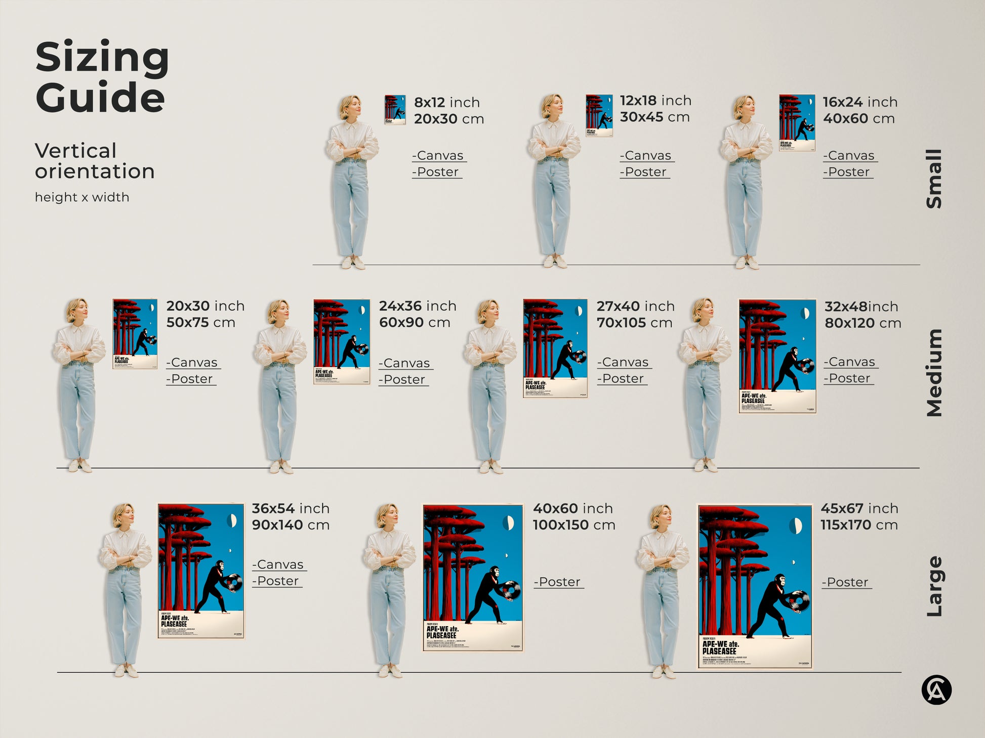 Sizing guide for vertical retro chimpanzee vinyl record canvas art. Available in small medium and large sizes. Perfect eclectic ape wall decor for a studio and office. Blue red and black poster options for any space. Find the perfect fit.