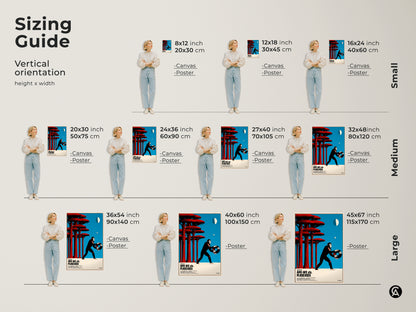Sizing guide for vertical retro chimpanzee vinyl record canvas art. Available in small medium and large sizes. Perfect eclectic ape wall decor for a studio and office. Blue red and black poster options for any space. Find the perfect fit.