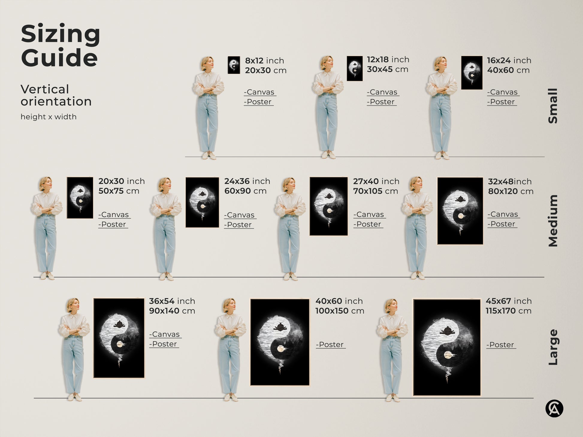 Sizing guide for Abstract Yin Yang Zen art. Visualize the minimalist spiritual artwork in various sizes. The black and white yoga decor fits any space. Find the perfect balance symbol for your home or office wall hanging.