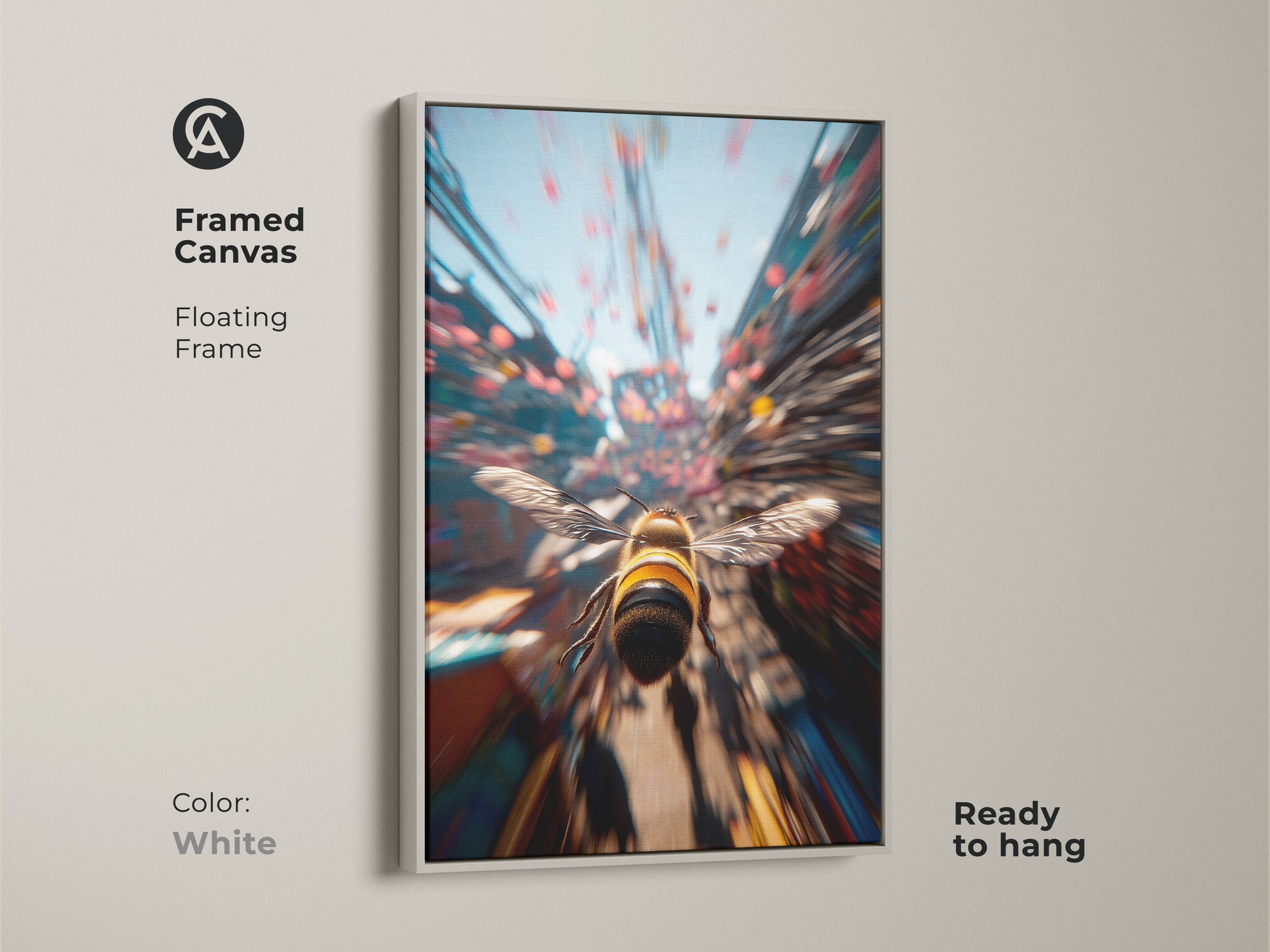 Framed canvas art print with a white floating frame. The art features a bee in flight. This artwork is ready to hang. Enhance your home with this modern nature-inspired art.