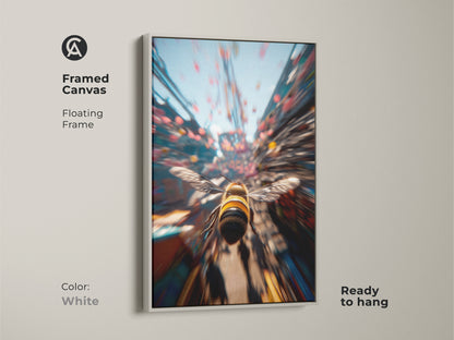 Framed canvas art print with a white floating frame. The art features a bee in flight. This artwork is ready to hang. Enhance your home with this modern nature-inspired art.