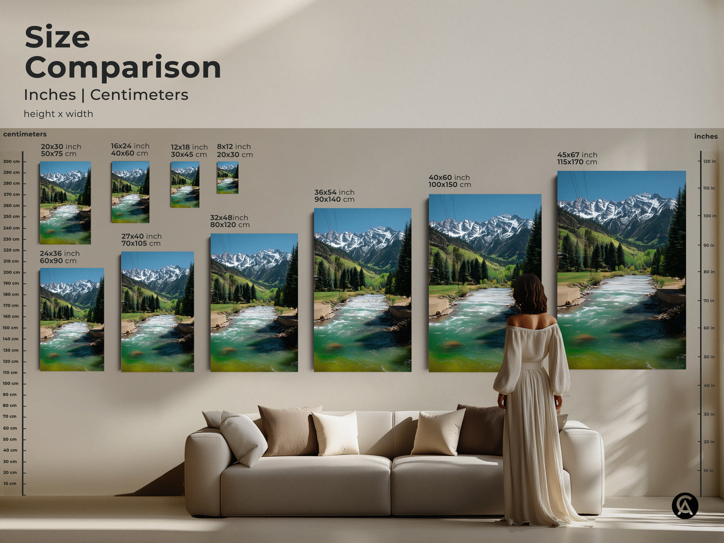 A size comparison showcases the mountain river landscape artwork. Various sizes of canvas and poster prints are displayed. This teal water art features snowy peaks perfect for any space.