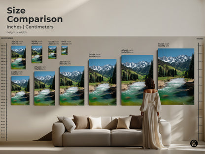 A size comparison showcases the mountain river landscape artwork. Various sizes of canvas and poster prints are displayed. This teal water art features snowy peaks perfect for any space.