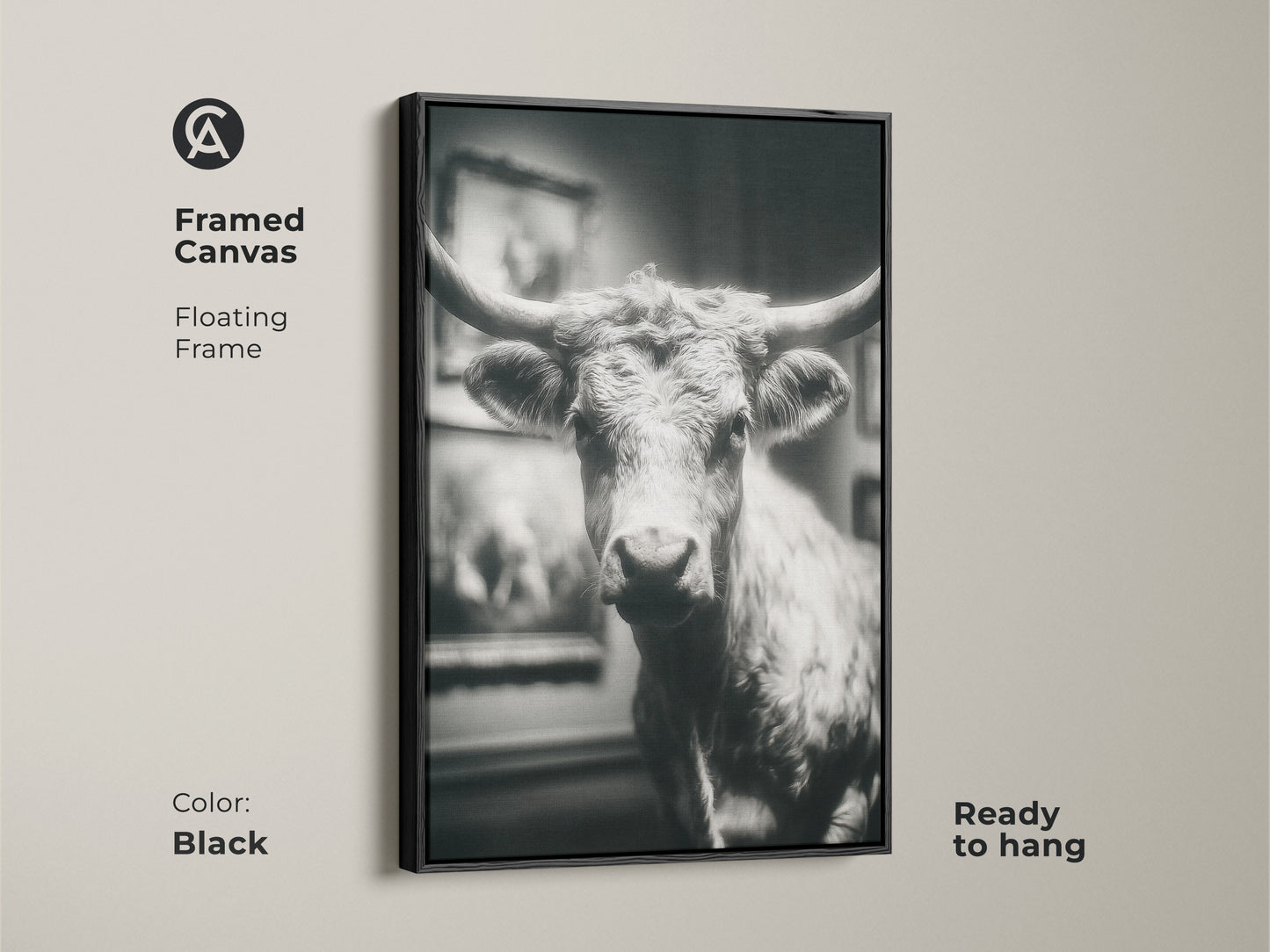 Black framed canvas featuring a black and white Texas Longhorn bull. This ready-to-hang artwork features a floating frame. A stylish piece of animal art. Add a touch of rustic charm to your home with this framed canvas.