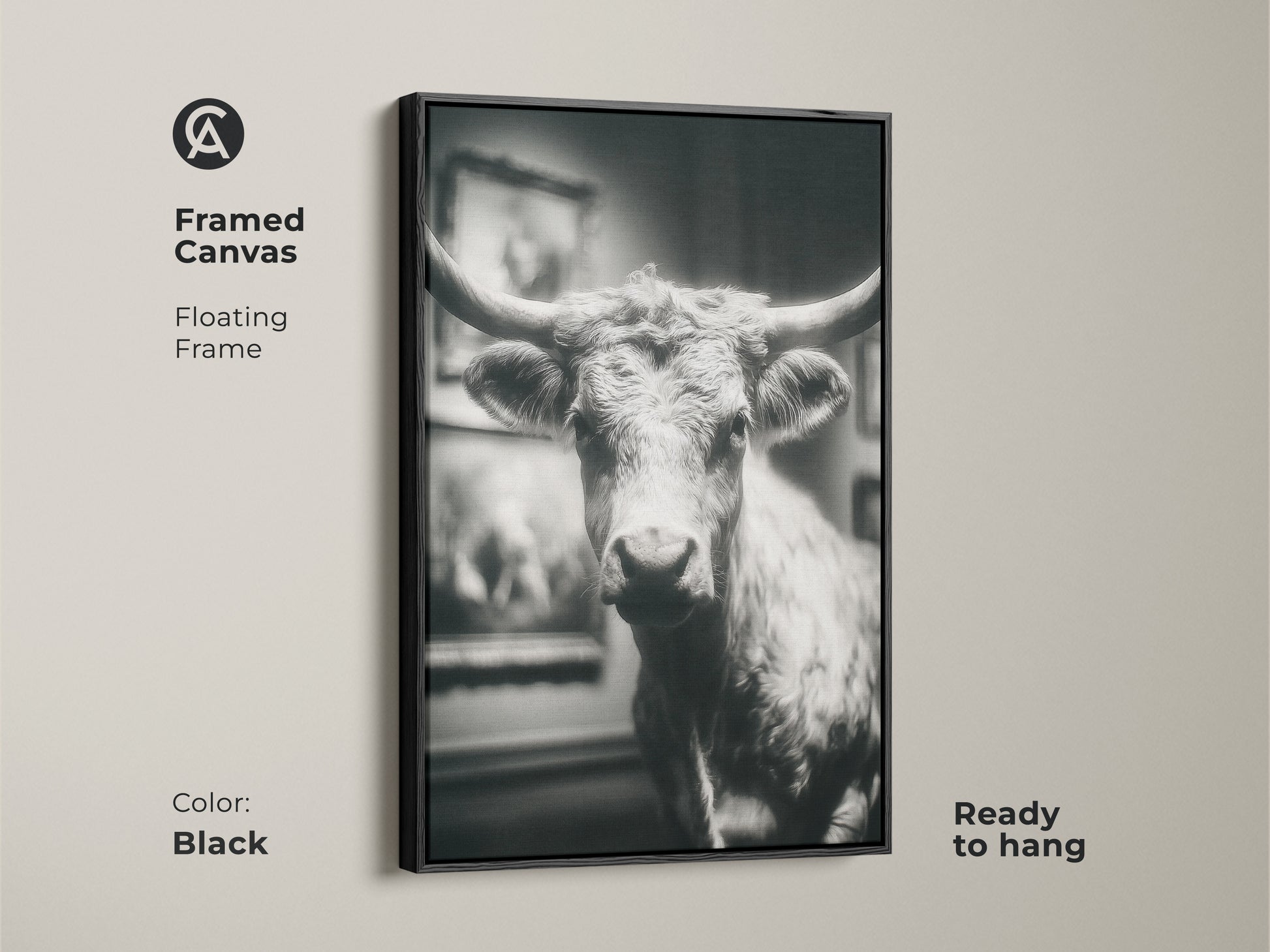 Black framed canvas featuring a black and white Texas Longhorn bull. This ready-to-hang artwork features a floating frame. A stylish piece of animal art. Add a touch of rustic charm to your home with this framed canvas.