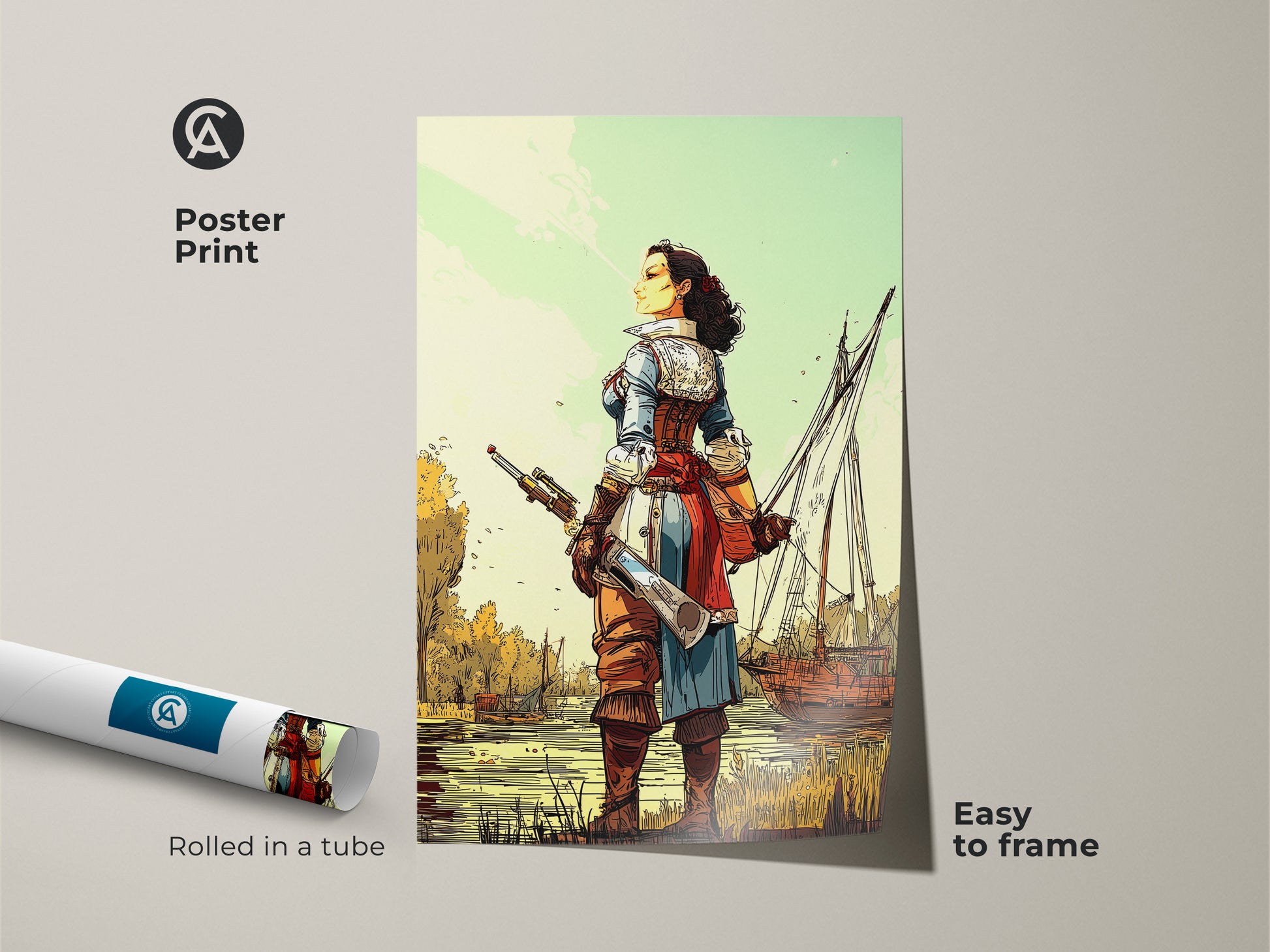 Poster Print of a Female Pirate Captain with Sailing Ship. This nautical adventure artwork is easy to frame. The print features a historical woman in a comic style art. Rolled in a tube. Teal and brown tones make it ideal for eclectic decor. Perfect birthday gift for history buffs.