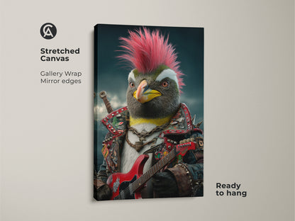 A stretched canvas art print of a punk rock penguin. The gallery-wrapped canvas features mirror edges. This ready-to-hang artwork shows a penguin with a hot pink mohawk. The penguin is wearing a studded jacket and playing a red electric guitar. It is an eclectic home decor piece.