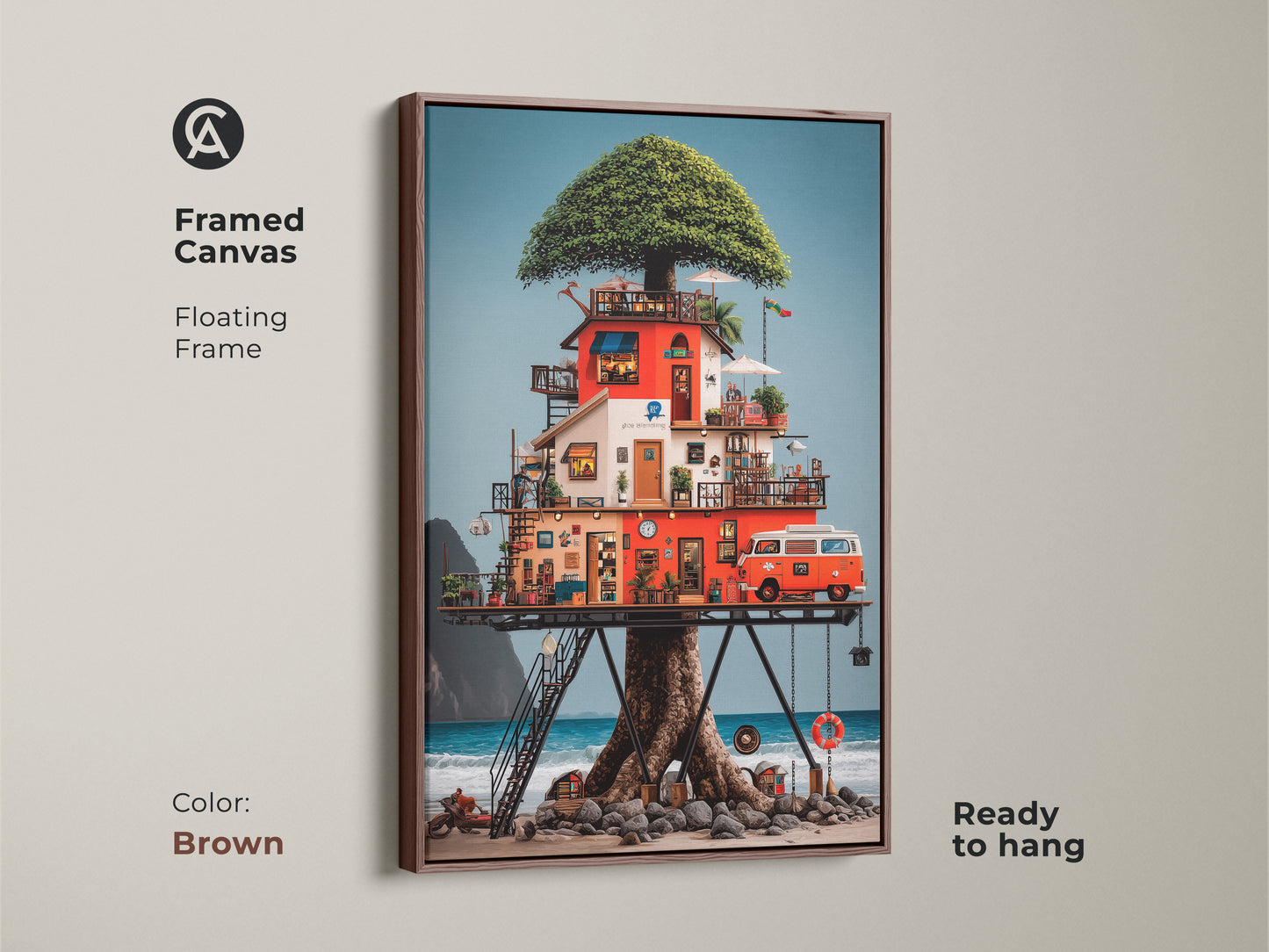 This framed canvas art showcases an eclectic treehouse on a beach. The artwork includes a vintage camper van. The floating frame is brown and ready to hang. It is a red orange blue nature canvas that complements bohemian beach prints.
