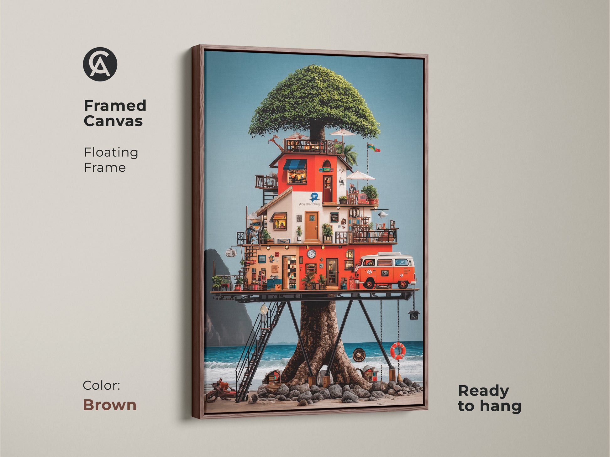 This framed canvas art showcases an eclectic treehouse on a beach. The artwork includes a vintage camper van. The floating frame is brown and ready to hang. It is a red orange blue nature canvas that complements bohemian beach prints.