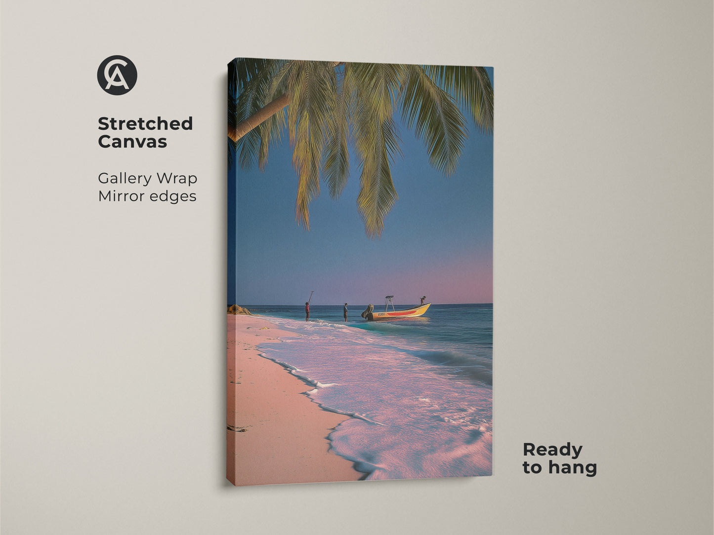 Stretched canvas print featuring a tropical beach scene with palm trees and a boat. This ocean wave canvas art is ready to hang. It adds coastal living room decor with pink and blue accents. The gallery wrap has mirror edges.