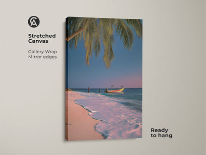 Stretched canvas print featuring a tropical beach scene with palm trees and a boat. This ocean wave canvas art is ready to hang. It adds coastal living room decor with pink and blue accents. The gallery wrap has mirror edges.
