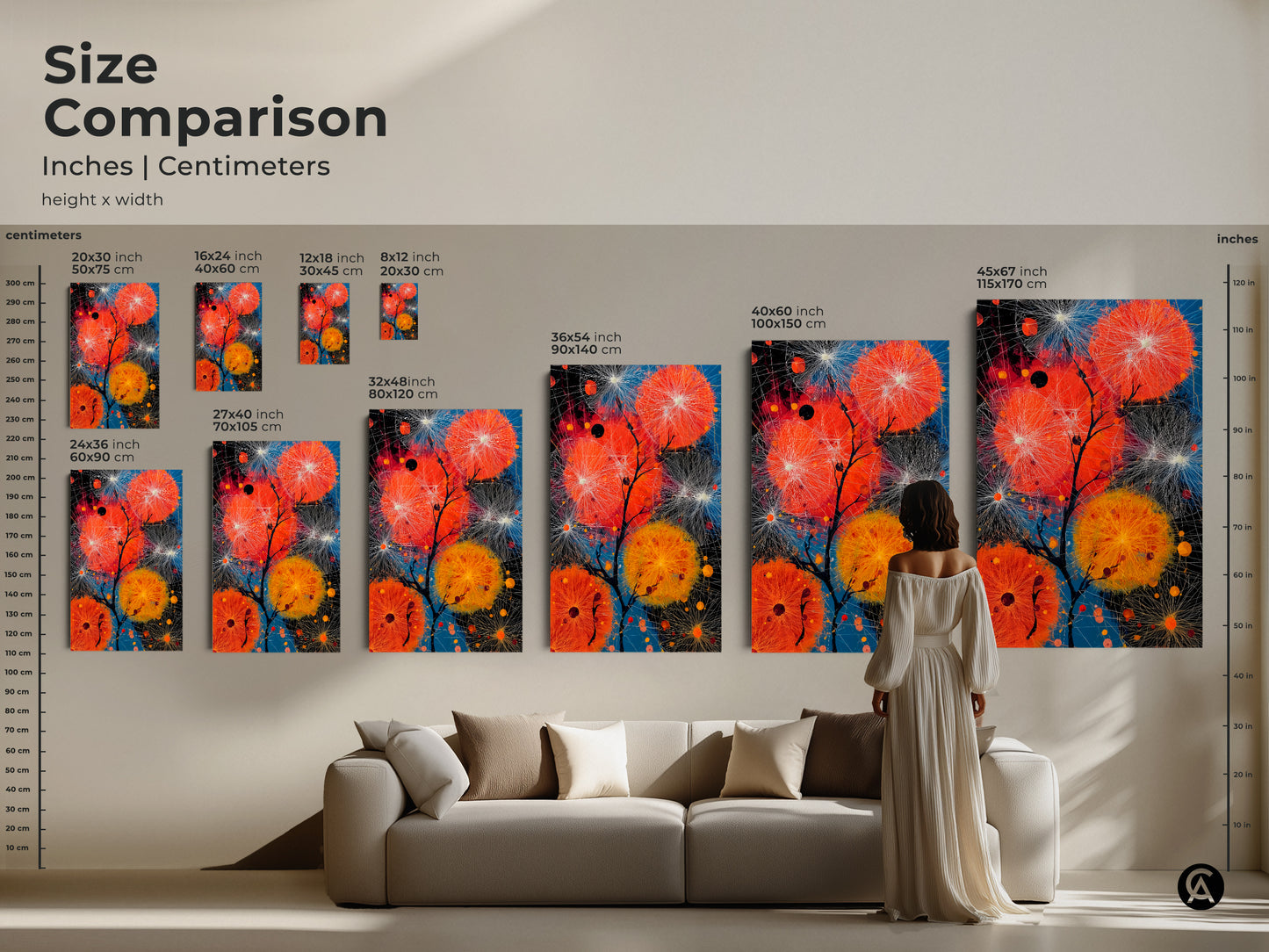 Size comparison of abstract dandelion art prints in inches and centimeters. See how different sizes fit above a sofa in a living room. Choose the ideal scale for your contemporary orange and blue nature inspired canvas or poster art.